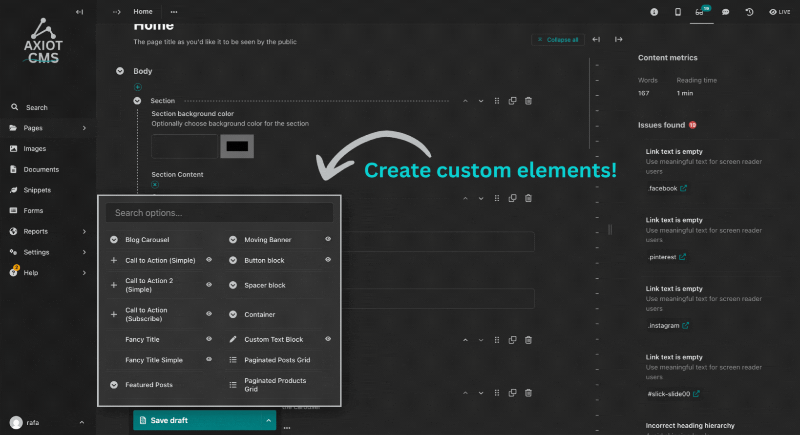 CMS interface with custom component creation